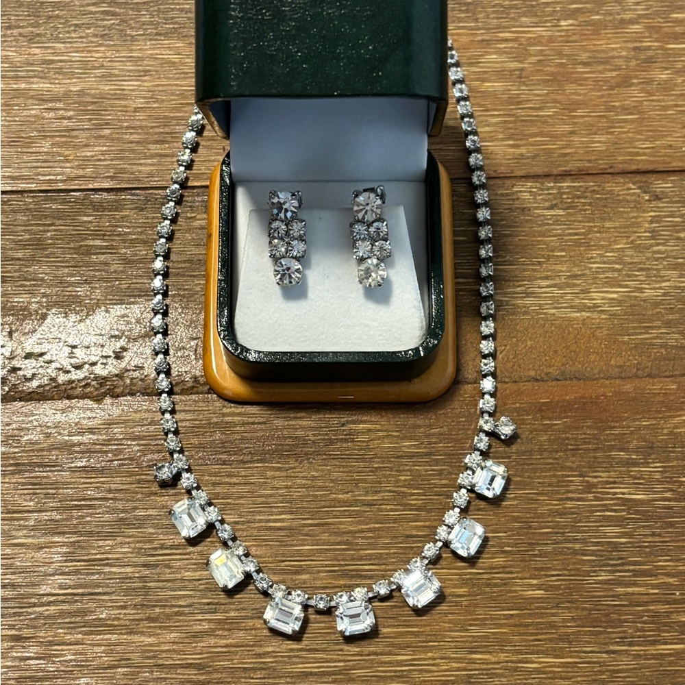 Elegant Rhinestone Silver Necklace and Clip Earring Set